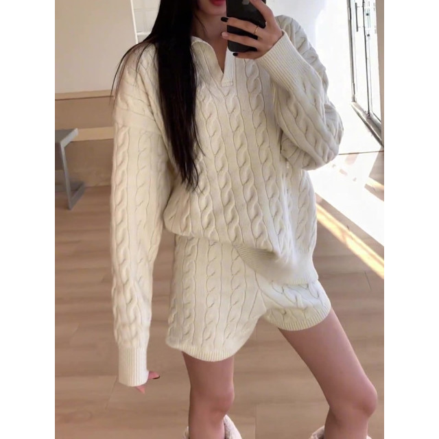 Casual polo領慵懶風麻花針織衫套裝/高腰短褲毛衣兩件套