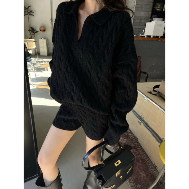 Casual polo領慵懶風麻花針織衫套裝/高腰短褲毛衣兩件套