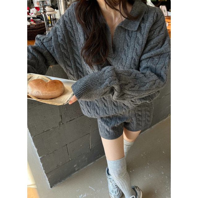 Casual polo領慵懶風麻花針織衫套裝/高腰短褲毛衣兩件套