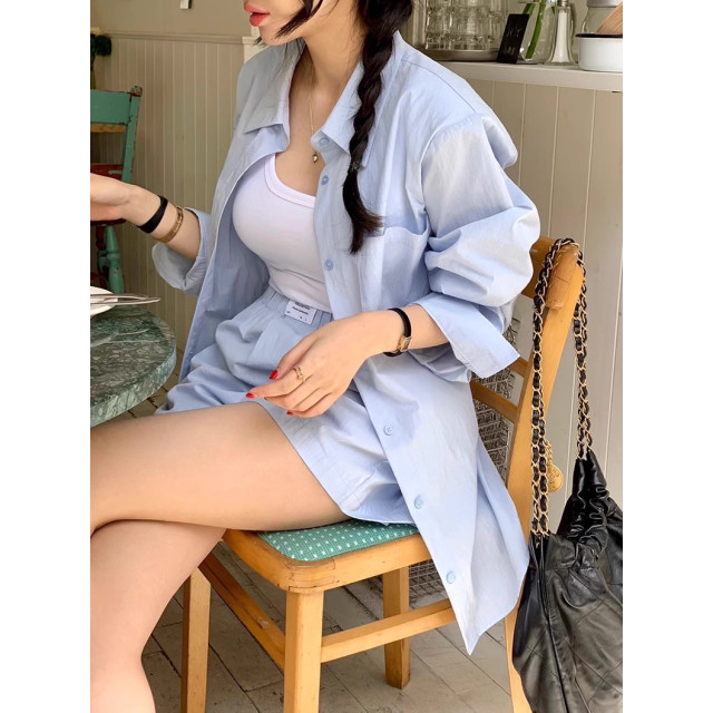 韓系chic夏季糖果色甜美寬鬆百搭後繫帶長袖襯衫+高腰闊腿褲短套裝