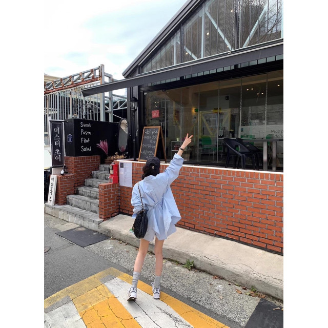 韓系chic夏季糖果色甜美寬鬆百搭後繫帶長袖襯衫+高腰闊腿褲短套裝