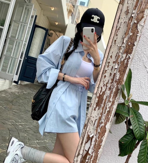 韓系chic夏季糖果色甜美寬鬆百搭後繫帶長袖襯衫+高腰闊腿褲短套裝