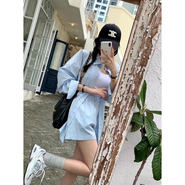 韓系chic夏季糖果色甜美寬鬆百搭後繫帶長袖襯衫+高腰闊腿褲短套裝