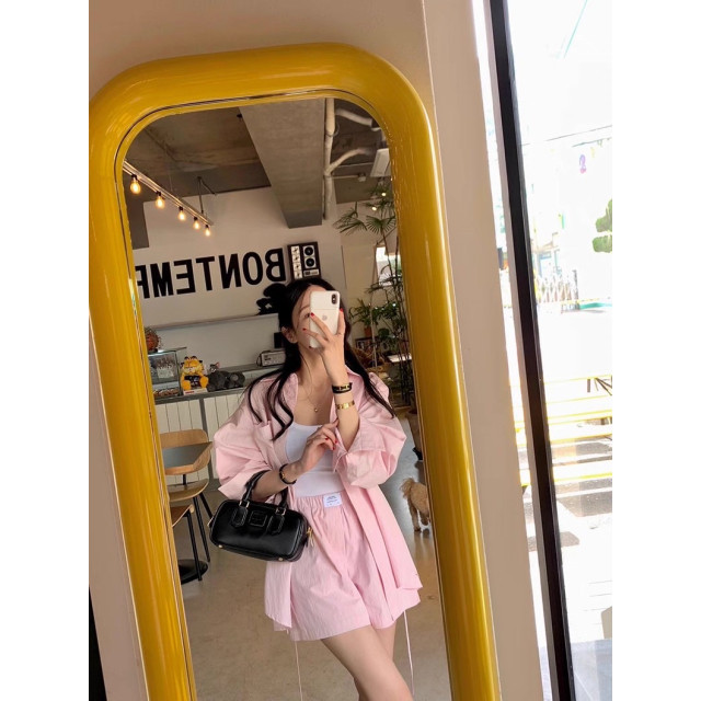 韓系chic夏季糖果色甜美寬鬆百搭後繫帶長袖襯衫+高腰闊腿褲短套裝