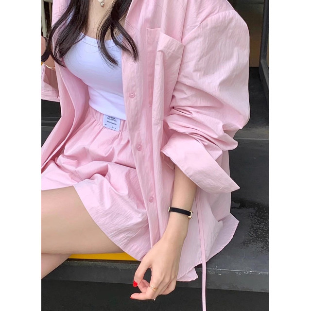 韓系chic夏季糖果色甜美寬鬆百搭後繫帶長袖襯衫+高腰闊腿褲短套裝