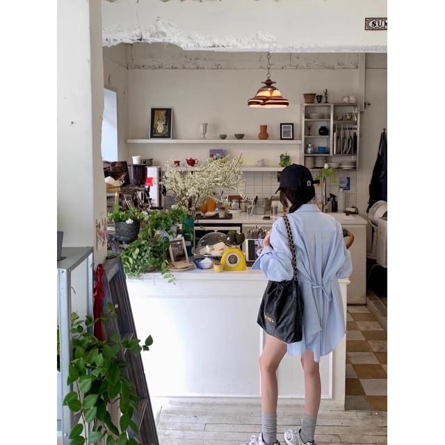 韓系chic夏季糖果色甜美寬鬆百搭後繫帶長袖襯衫+高腰闊腿褲短套裝