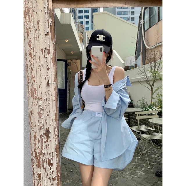 韓系chic夏季糖果色甜美寬鬆百搭後繫帶長袖襯衫+高腰闊腿褲短套裝