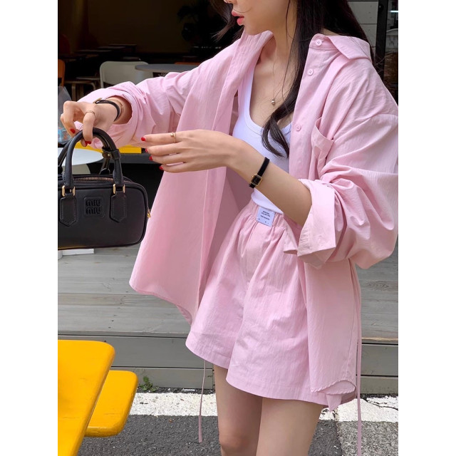 韓系chic夏季糖果色甜美寬鬆百搭後繫帶長袖襯衫+高腰闊腿褲短套裝