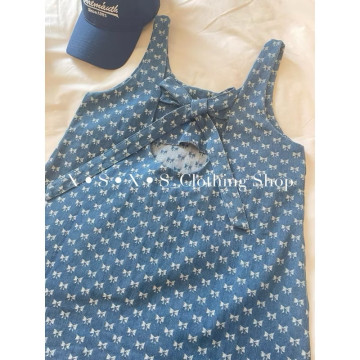 甜美性感A字顯瘦露背蝴蝶结繡花牛仔背心連衣裙