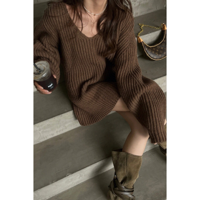 美式復古V領寬鬆慵懶針織連衣裙