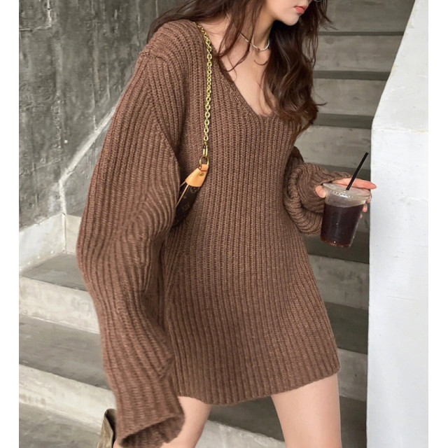 美式復古V領寬鬆慵懶針織連衣裙