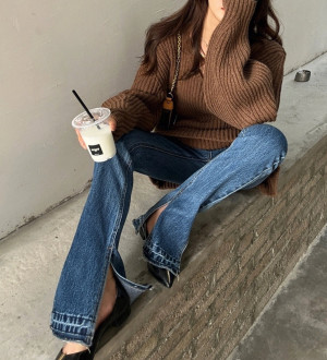 美式復古V領寬鬆慵懶針織連衣裙