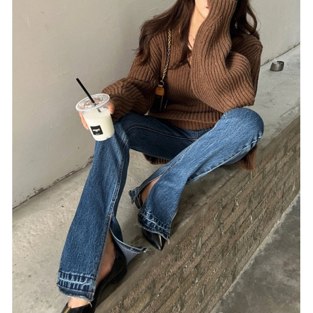 美式復古V領寬鬆慵懶針織連衣裙