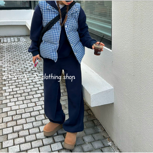 可愛藍白色格紋鋪棉馬甲立領背心/格紋鋪棉背心