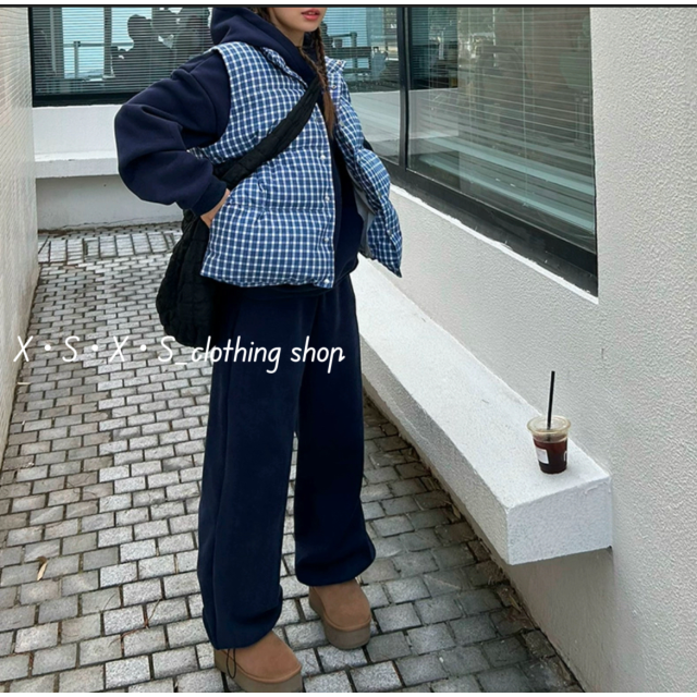 可愛藍白色格紋鋪棉馬甲立領背心/格紋鋪棉背心