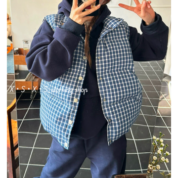 可愛藍白色格紋鋪棉馬甲立領背心/格紋鋪棉背心