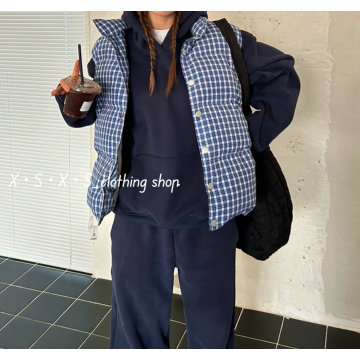 可愛藍白色格紋鋪棉馬甲立領背心/格紋鋪棉背心