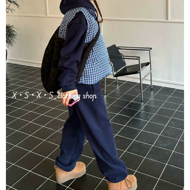 可愛藍白色格紋鋪棉馬甲立領背心/格紋鋪棉背心