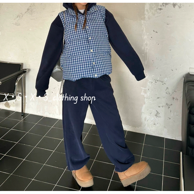 可愛藍白色格紋鋪棉馬甲立領背心/格紋鋪棉背心