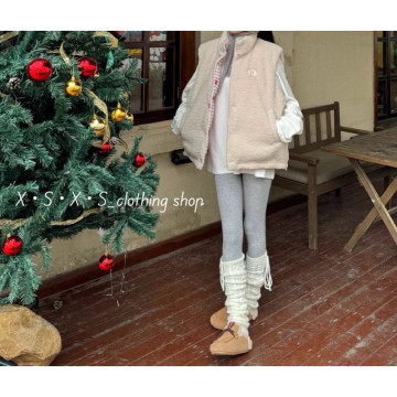 Oversize 慵懶風甜美印花 格紋正反兩穿羊羔絨馬甲鋪棉背心