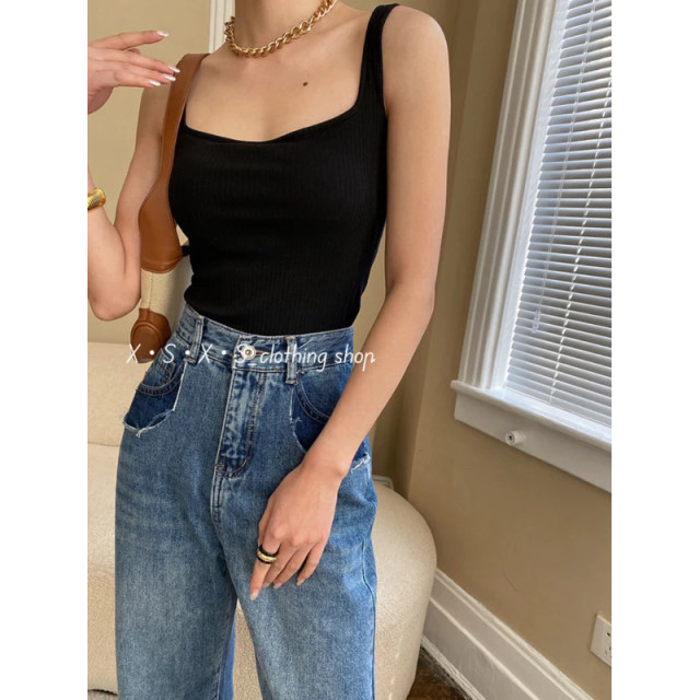 自帶胸墊|法式方領寬肩带遮副乳吊带美背心/高彈力螺紋棉 自帶胸墊|法式方領寬肩带遮副乳吊带美背心/高彈力螺紋棉