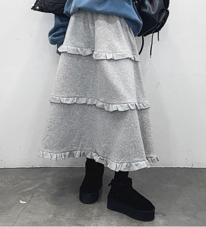 韓系百搭荷葉邊 休閒A字蛋糕長裙