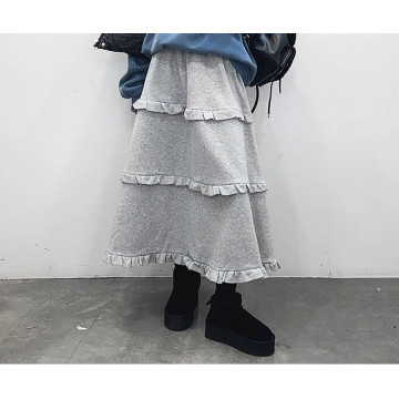 韓系百搭荷葉邊 休閒A字蛋糕長裙