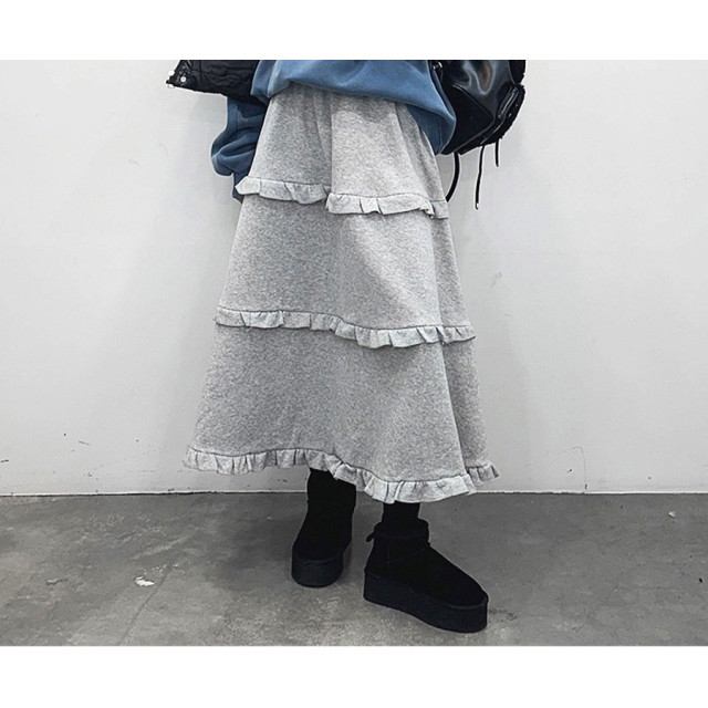 韓系百搭荷葉邊 休閒A字蛋糕長裙