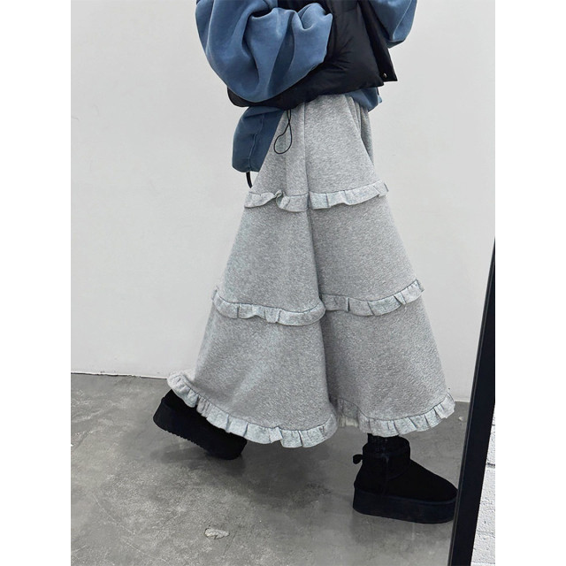 韓系百搭荷葉邊 休閒A字蛋糕長裙