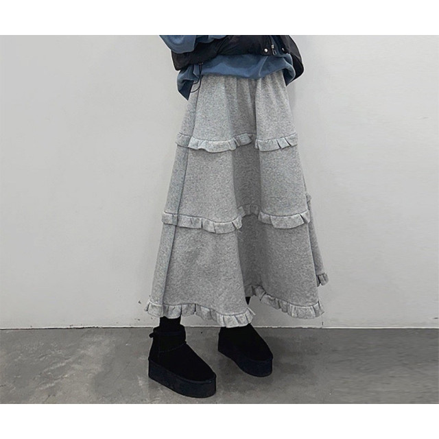 韓系百搭荷葉邊 休閒A字蛋糕長裙