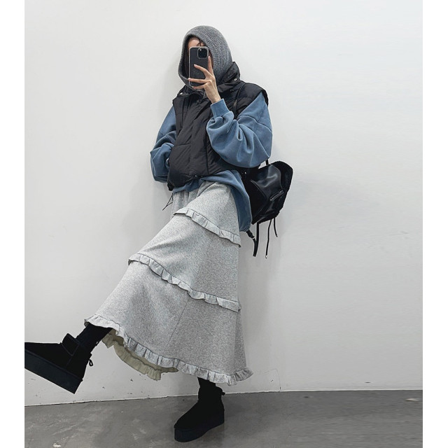 韓系百搭荷葉邊 休閒A字蛋糕長裙