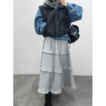 韓系百搭荷葉邊 休閒A字蛋糕長裙