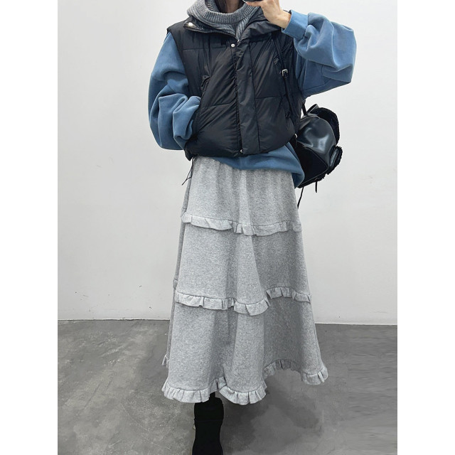 韓系百搭荷葉邊 休閒A字蛋糕長裙