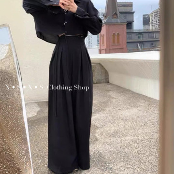 抽繩設計高腰顯瘦百搭氣質壓褶垂墜感落地長褲