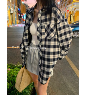 韓系百搭經典藍白格紋寬鬆休閒襯衫/格子襯衫/格紋襯衫