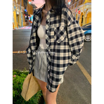 韓系百搭經典藍白格紋寬鬆休閒襯衫/格子襯衫/格紋襯衫