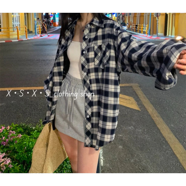韓系百搭經典藍白格紋寬鬆休閒襯衫/格子襯衫/格紋襯衫 韓系百搭經典藍白格紋寬鬆休閒襯衫/格子襯衫/格紋襯衫