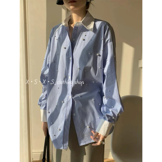 氣質韓系 滿版釘珠裝飾撞色領拼接 藍白條紋/素面 襯衫 /珍珠條紋襯衫 氣質韓系 滿版釘珠裝飾撞色領拼接 藍白條紋/素面 襯衫 /珍珠條紋襯衫