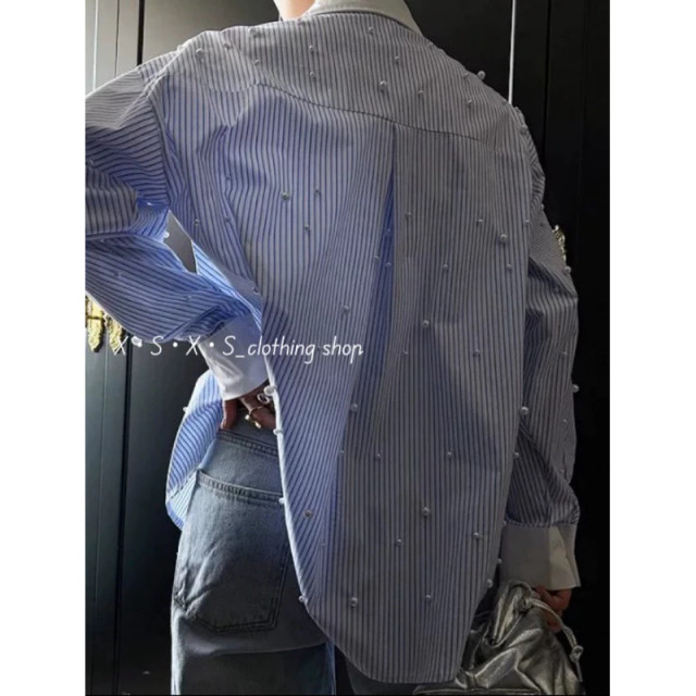 氣質韓系 滿版釘珠裝飾撞色領拼接 藍白條紋/素面 襯衫 /珍珠條紋襯衫 氣質韓系 滿版釘珠裝飾撞色領拼接 藍白條紋/素面 襯衫 /珍珠條紋襯衫
