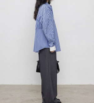 老錢風藍色條紋寬鬆撞色袖口叠穿上衣長袖襯衫