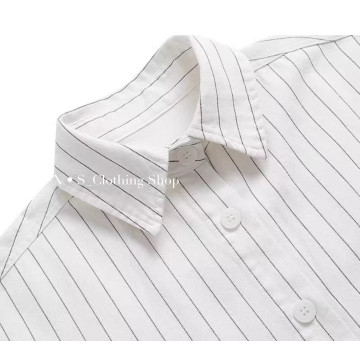 歐美款 極簡男友風 寬鬆慵懶廓形口袋厚磅長袖條紋襯衫