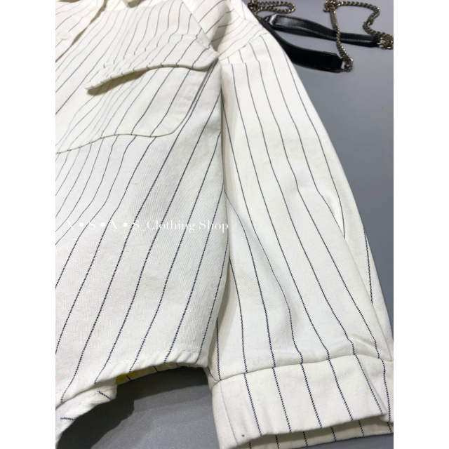 歐美款 極簡男友風 寬鬆慵懶廓形口袋厚磅長袖條紋襯衫